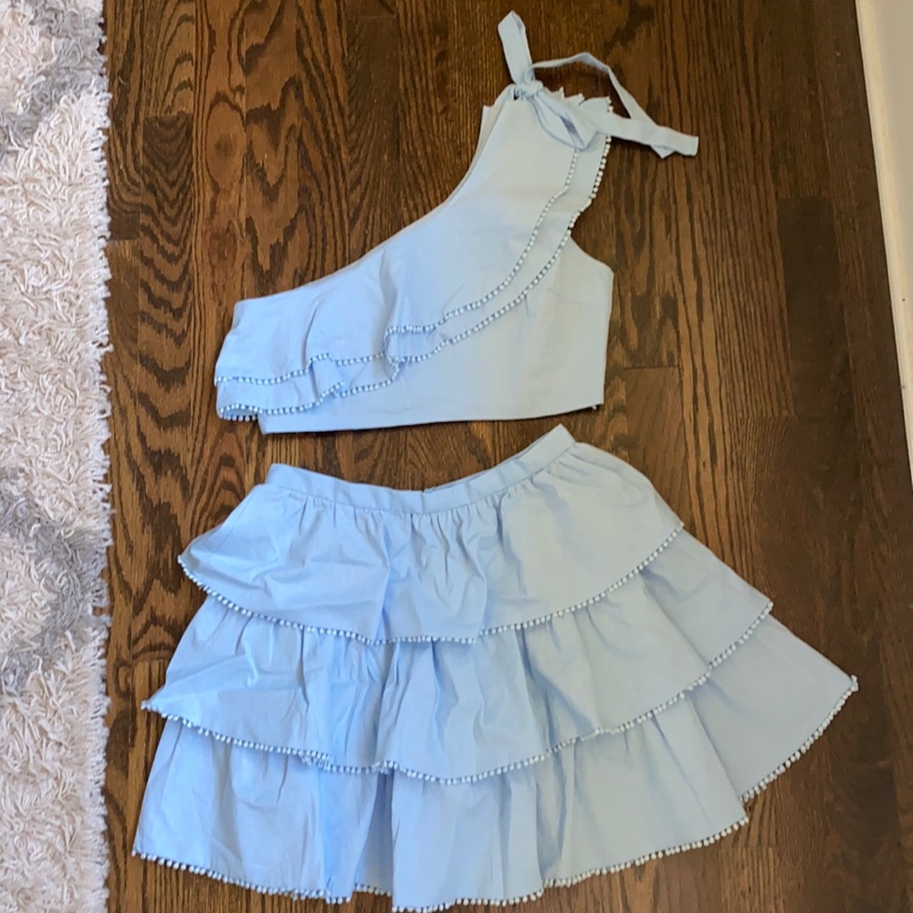 One shoulder crop top and mini skirt set
